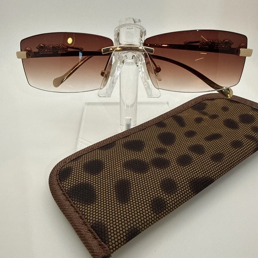Rimless square sunglasses w/gold frame leopard/jaguar figurine & travel case HOT
